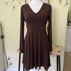 Mango Basics Chocolate Brown V-neck Flare Long Sleeve Dress Y2K Style Minimalist